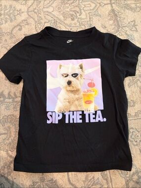 Nike Black Graphic Tee with Pastel Dog and Bubble Tea- sip the tea